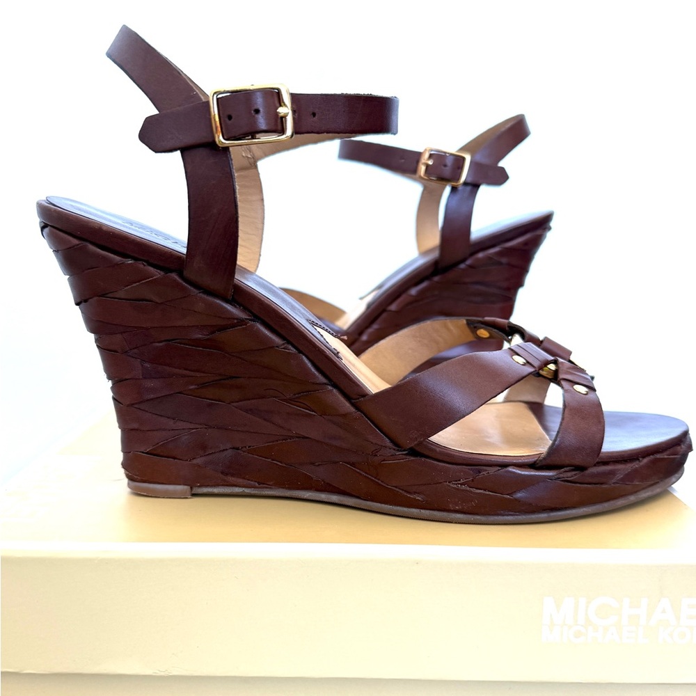 Michael Kors Brown Leather Braided Wedge Sandals for spring